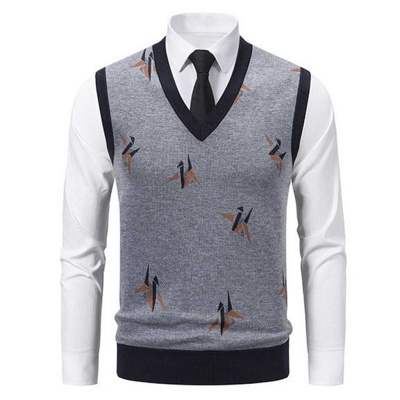 Handshe Men's Sleeveless V-Neck Knit Sweater Vest British Style Printed Cable Twist Elastic Stretch Business Casual Fall Fashion 2025
