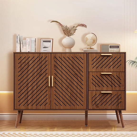 Yeulluey Storage Cabinet with 3 Drawers & Double Doors, Kitchen Buffet Sideboard Cabinet,Wood Storage Organizer for Kitchen, Living Room, Dining Room, Brown
