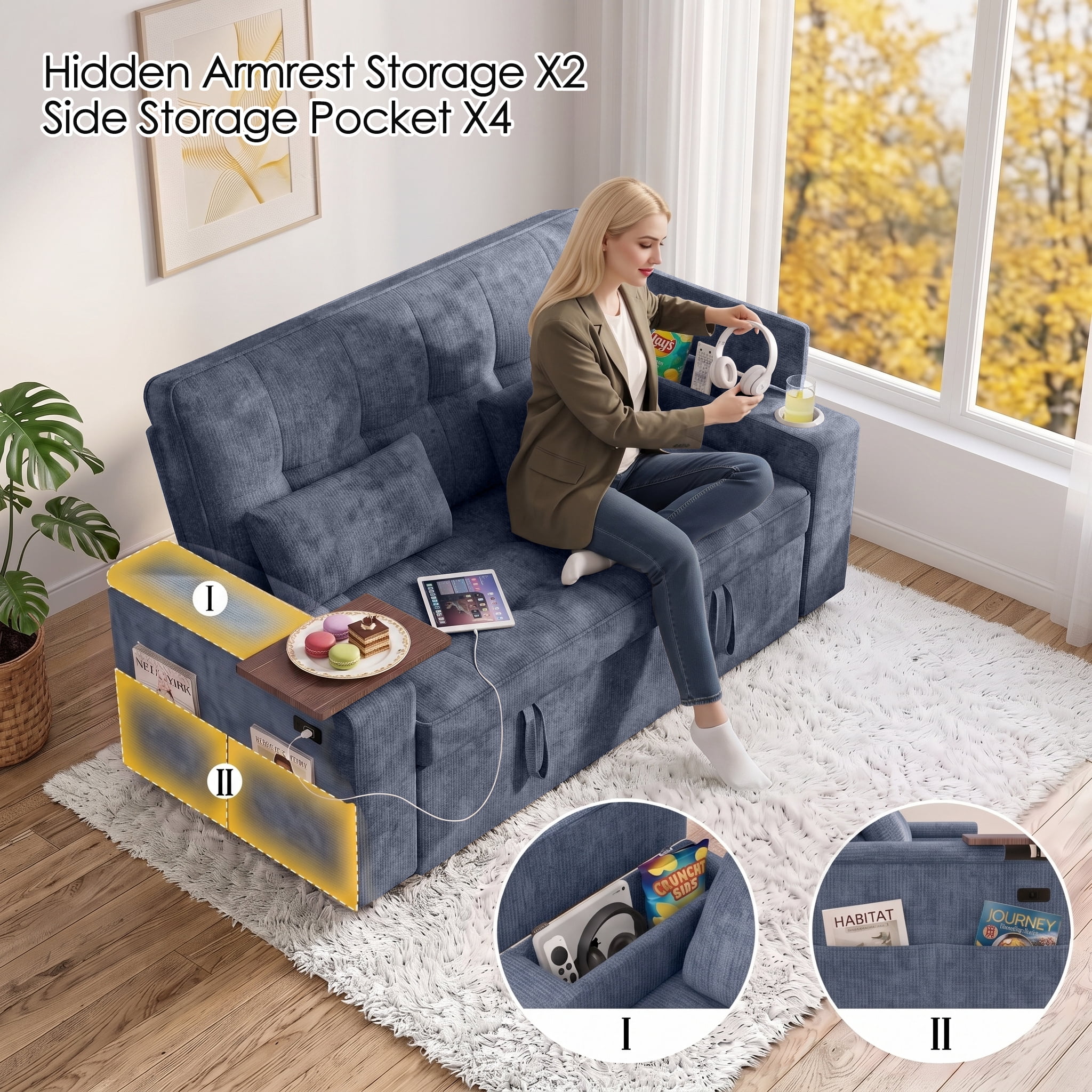 Xiweot 65" Sleeper Sofa Bed, 3-in-1 Convertible Chenille Futon Couch, Loveseat Sofa with Adjustable Backrest, Pull out Couch with Storage Armrest, Table & Pillows for Living Room Apartment (Blue)