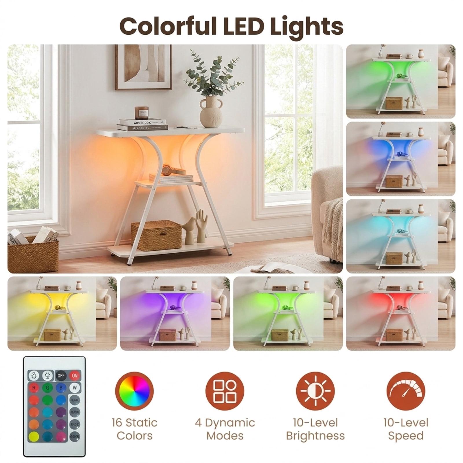 Furnibear 32 Inch Thin Entryway Table with USB Type-C AC Outlets 16-Color RGB LED Lights and 3-Tier Open Shelves for Narrow Hallway, Oak