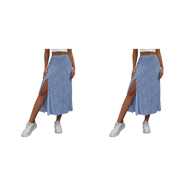 Sonducket Impreso larga dividida Columpio Estética Playa Vacaciones Mujer Adolescentes Primavera Verano Ropa Banquete Azul oscuro S 2Conjunto