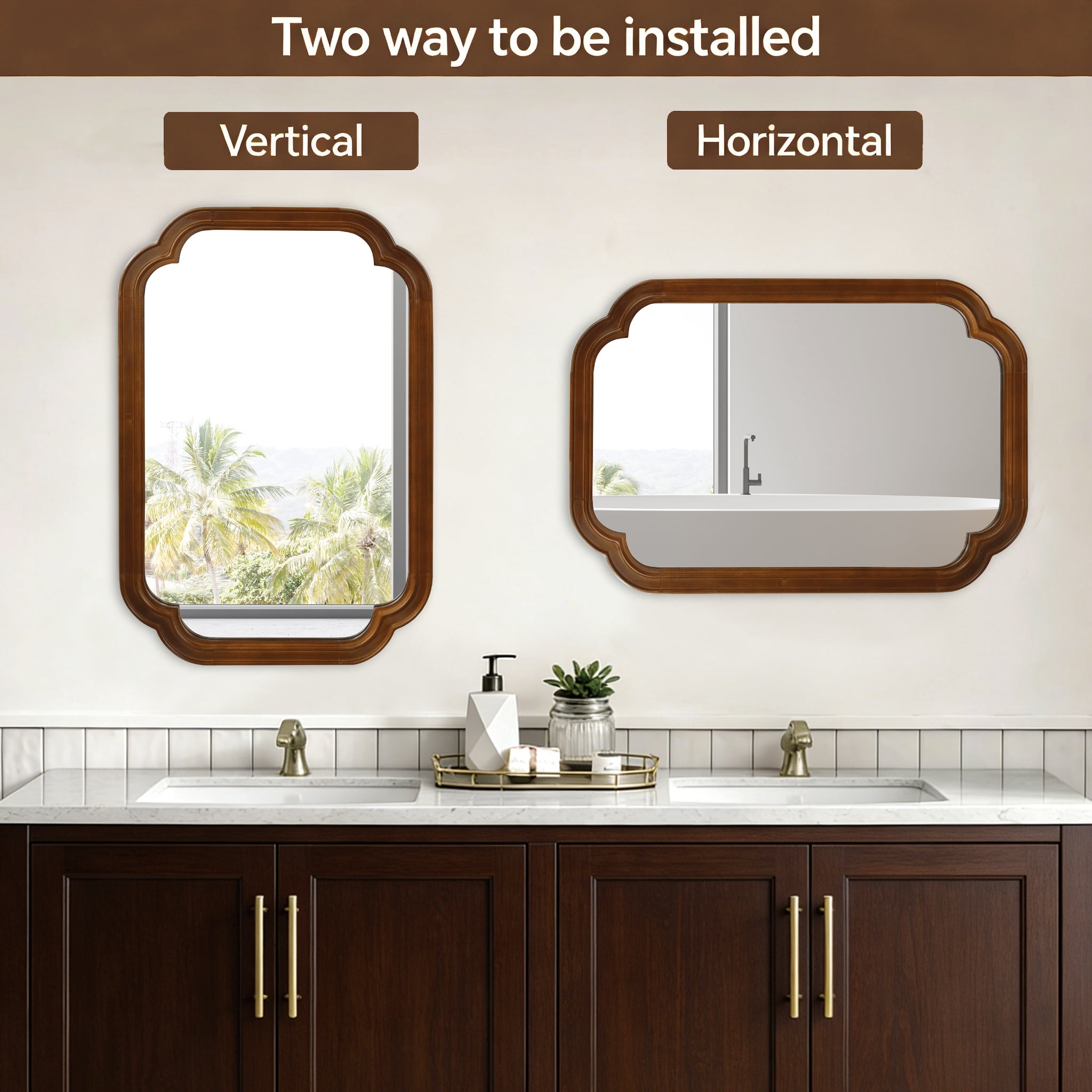 20x30-Inch Rounded Corner Solid Wood Frame Mirror, Decorative Wall Mirror and Vanity Mirror for Bedroom Bathroom Living Room Entryway, Black Walnut