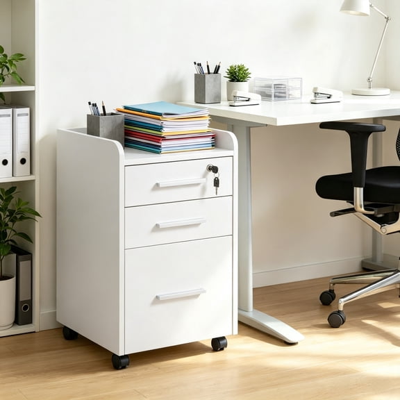 3 Drawer Mobile File Cabinet, for Office Document Organization, Lockable, Edged Top, Rolling, White
