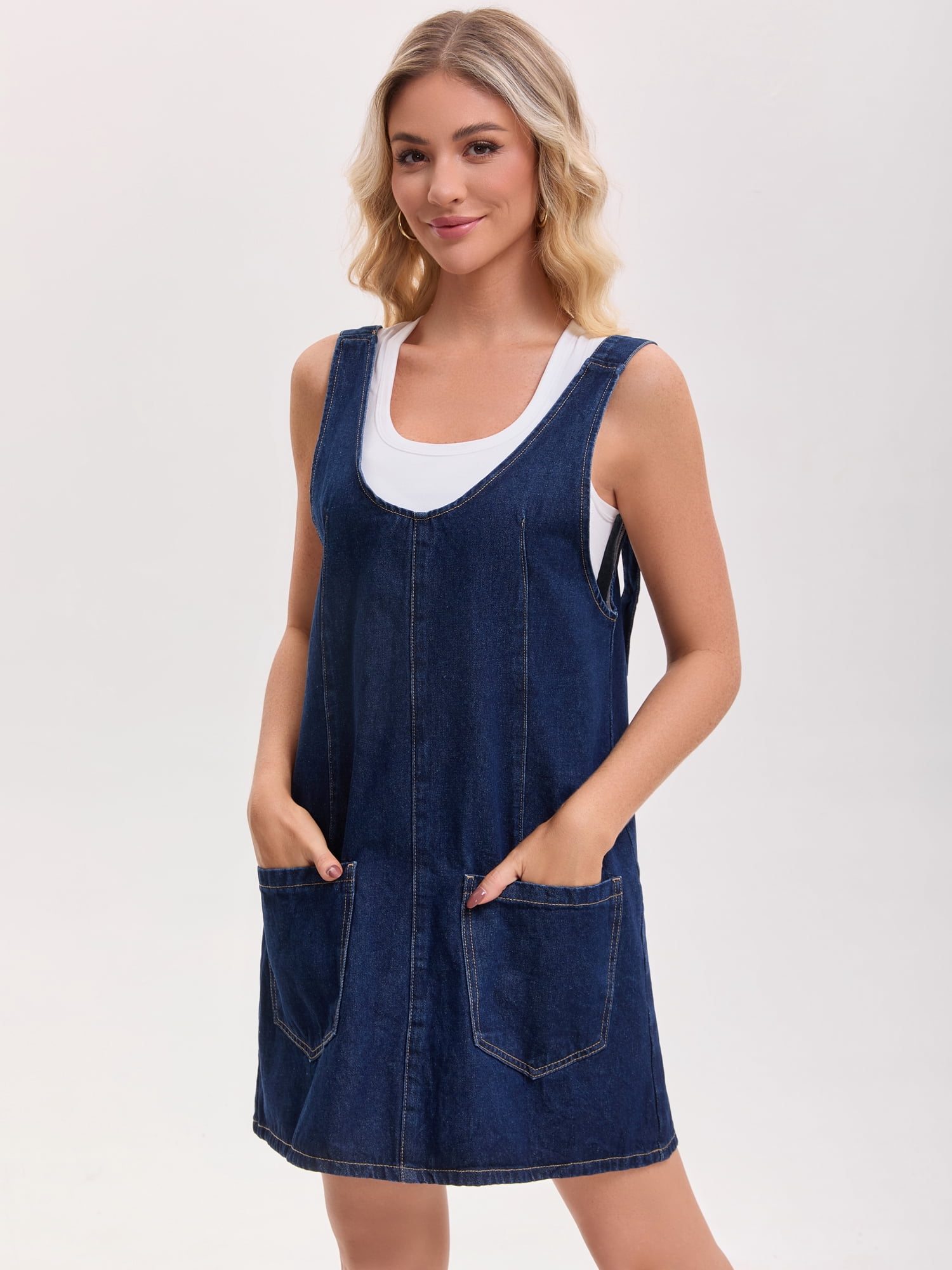 DARING DIVA Women's Loose Sleeveless Pinafore Mini Denim Dresses M Deep Blue