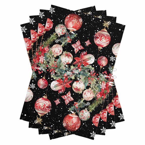 Black Christmas Balls Kitchen Towels Set of 4, Water Absorbent Dish Towel, Xmas Poinsettia Botanical Decorative Hand Towels - Quick Drying Cloth for Cooking Baking, 18x28 Inch