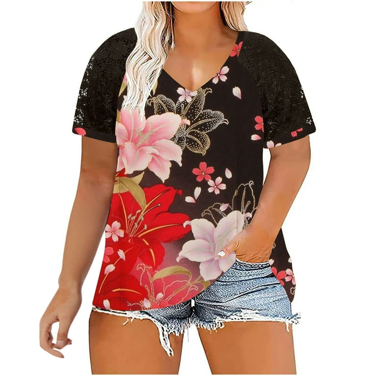 Womens Short Sleeve Summer Tops - 2023 Womens Tops Elegant T Shirts Blouses  Casual Tunic Tops Floral Cotton Business Blouse