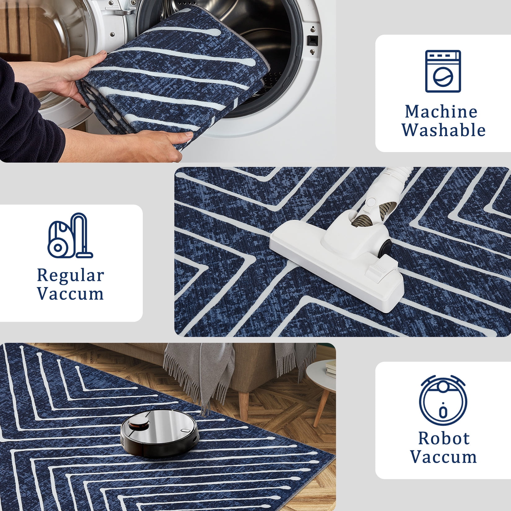 HIWEAVER Modern Geometric Striped Non Slip Runner Washable 2' x 6' Throw Rug for Hallway Enterway Neutral Indoor Navy Carpet