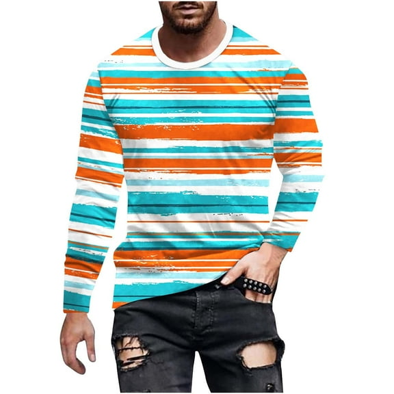 Qingpeng Oversized Shirt for Men Striped Printed Long Sleeves Tops Pullover Round Neck Tee Shirt