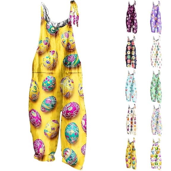 Feancey Womens Linen Overalls Loose Fit Sleeveless Easter Jumpsuits Novelty Eggs Graphic Onesies Adjustable Strap Wide Leg Rompers with Pockets Multicolor L