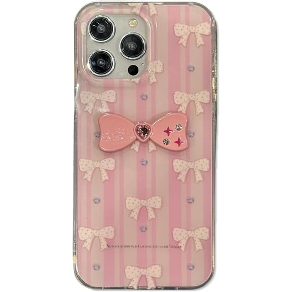3D Bows Diamond Love Heart Stripe Pattern Soft  for iPhone Case (Pink,iPhone 12 Pro Max)