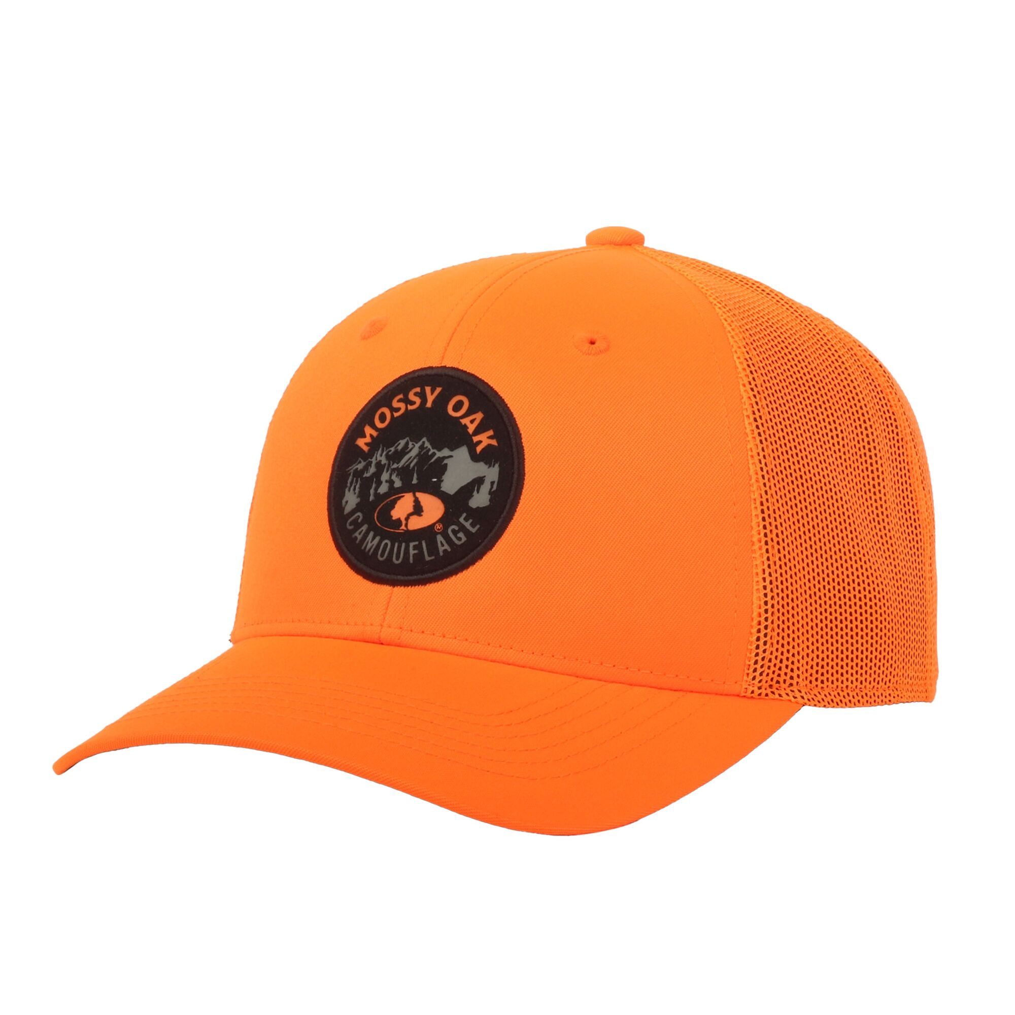 Mossy Oak Structured 6-Panel Trucker Hat – Blaze Orange High-Density Patch Logo Meshback Cap, One Size
