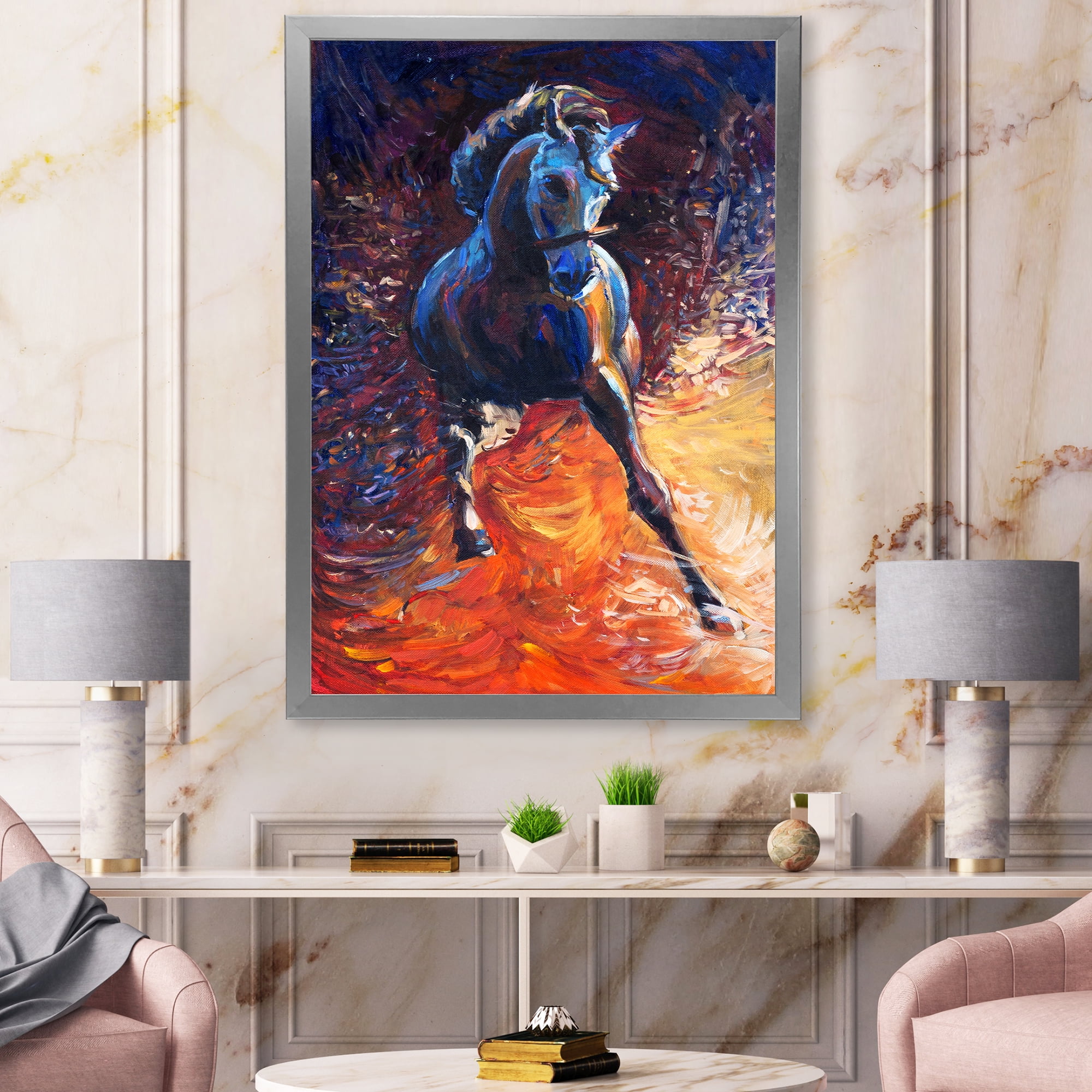 Designart 'Portrait Of A Galoping Blue Horse' Farmhouse Framed Art Print