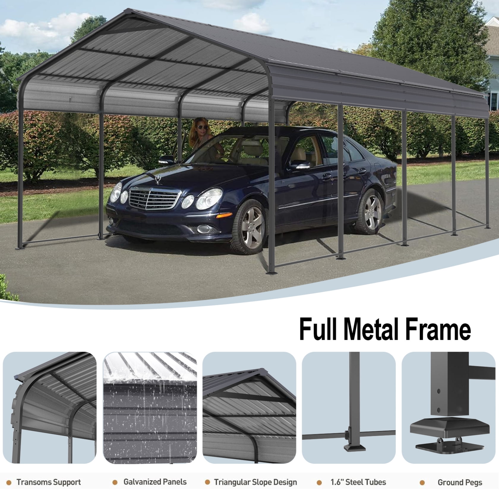 Miekor Metal Carport 12 ×20 FT Heavy Duty with Galvanized Steel Roof, Metal Garage Canopy with Galvanized Steel Roof & Frame, Car Tent Outdoor Storage Shed for Car, Boats and Truck, Gray 63829