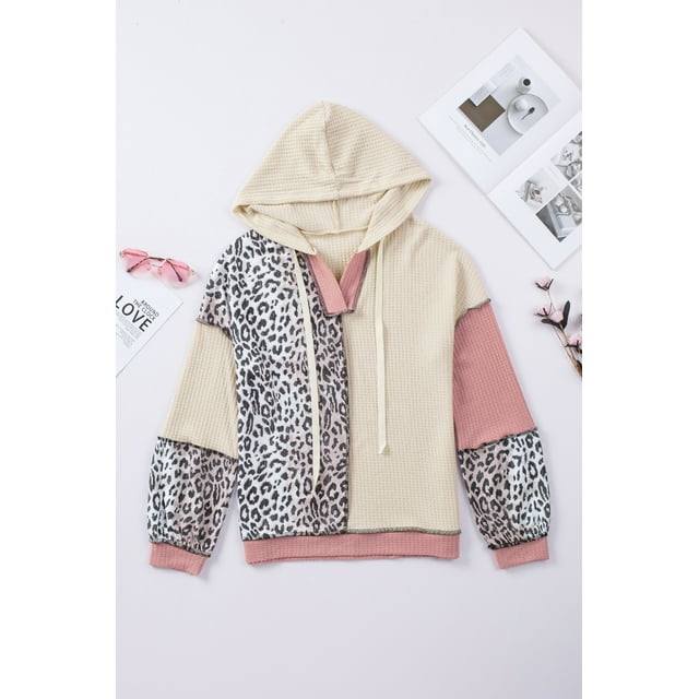 ABPHQTO Sudadera con capucha de punto gofrado con patchwork de bloques de colores de leopardo para mujer
