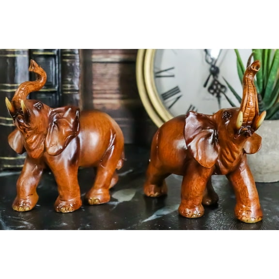 Faux Wood Feng Shui Elephant With Trunk Up Statue Set of 2 East & West Elephants