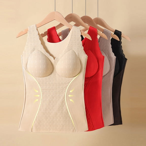 Einccm Women's Heating Thermal Tank Top with Built-in Bra, Warm Padded Round-Neck Camisole Undershirt, Soft Breathable Fitted Base Layer for Winter Casual Daily Wear
