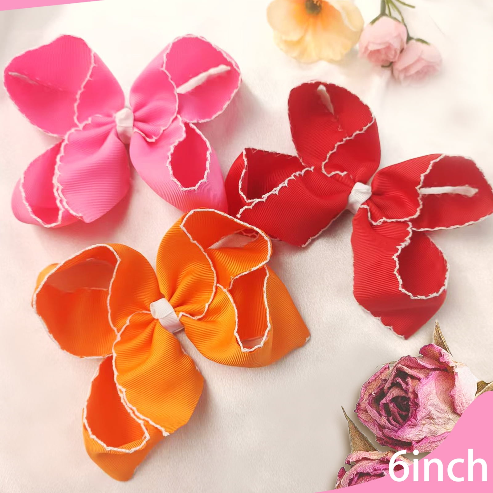 JoyBowie 12pcs 6 Inch Red Ruffled Hair Bows for Girls Toddlers, Satin Ribbon Hair Clips for Kids Party Daily Hairstyles