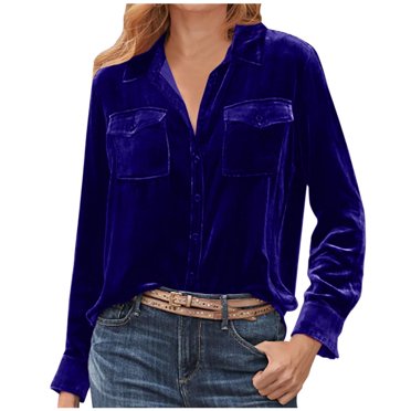 FAIWAD Chemises Vintage en Velours pour Femmes Manches Longues Col en V Boutonnées Décontractées Douces avec Poches