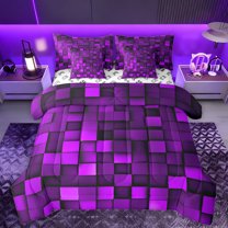 Manfei Modern Abstract Geometric 7-Piece Bedding Comforter Set,Vintage Checkered Grid King Bedding Sets,Purple Classic Plaid Bed Sheets For Girls Boys,Super Cozy Room Decor Reversible