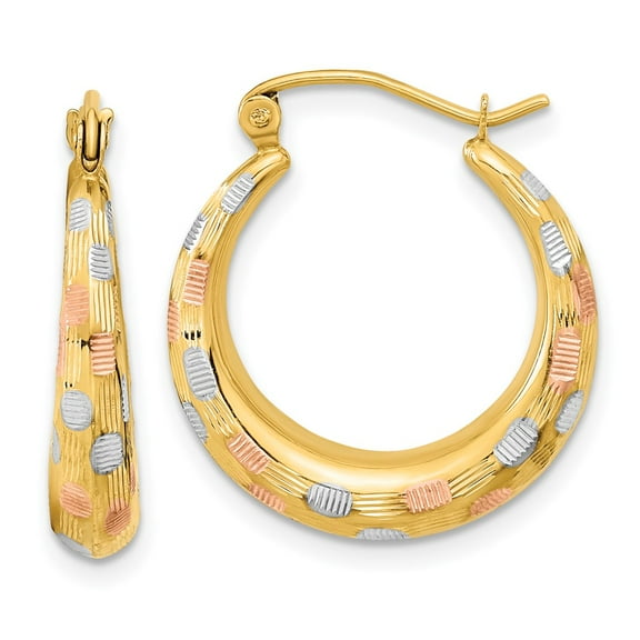 Primal Gold 14 Karat Yellow Gold with White and Rose Rhodium, Satin and Diamond-cut Hoop Earrings