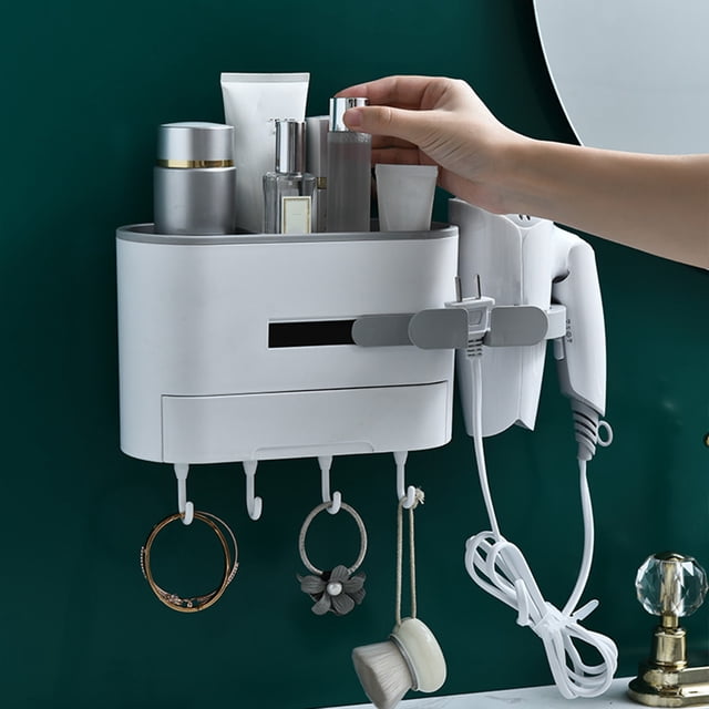 TIMIFIS Hair Dryer Holder Wall Mount, Towel Toothbrush Toothpaste Perfume Comb Blow Dryer Holder Organizer Storage Hanging Shelf Rack Stand, Bathroom Organizer -