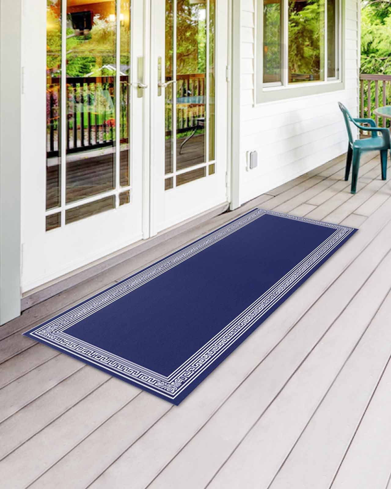 Navy Blue White Front Door Mat Geometric Greek Style Abstract Art Welcome Doormat Indoor Outdoor Entrance Floor Mat Non-Slip Washable Runner Rug for Front Porch Decor 18x60 Inch