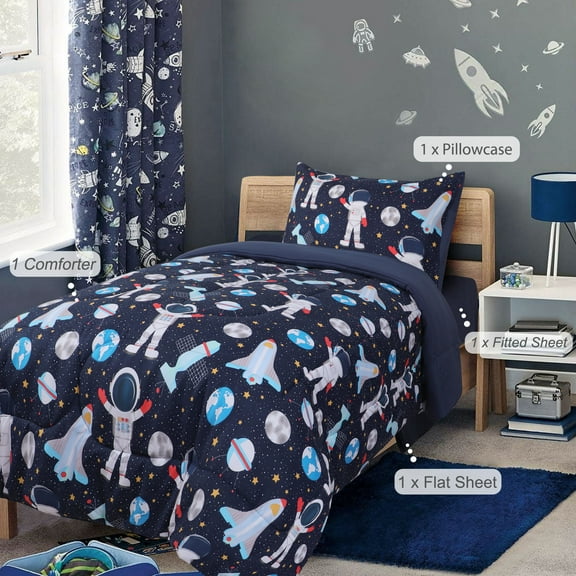 PiccoCasa 200 GSM Space Astronaut 5 Piece Comforter Sets, Full with Pillowcase, Fitted Sheet, Flat Sheet