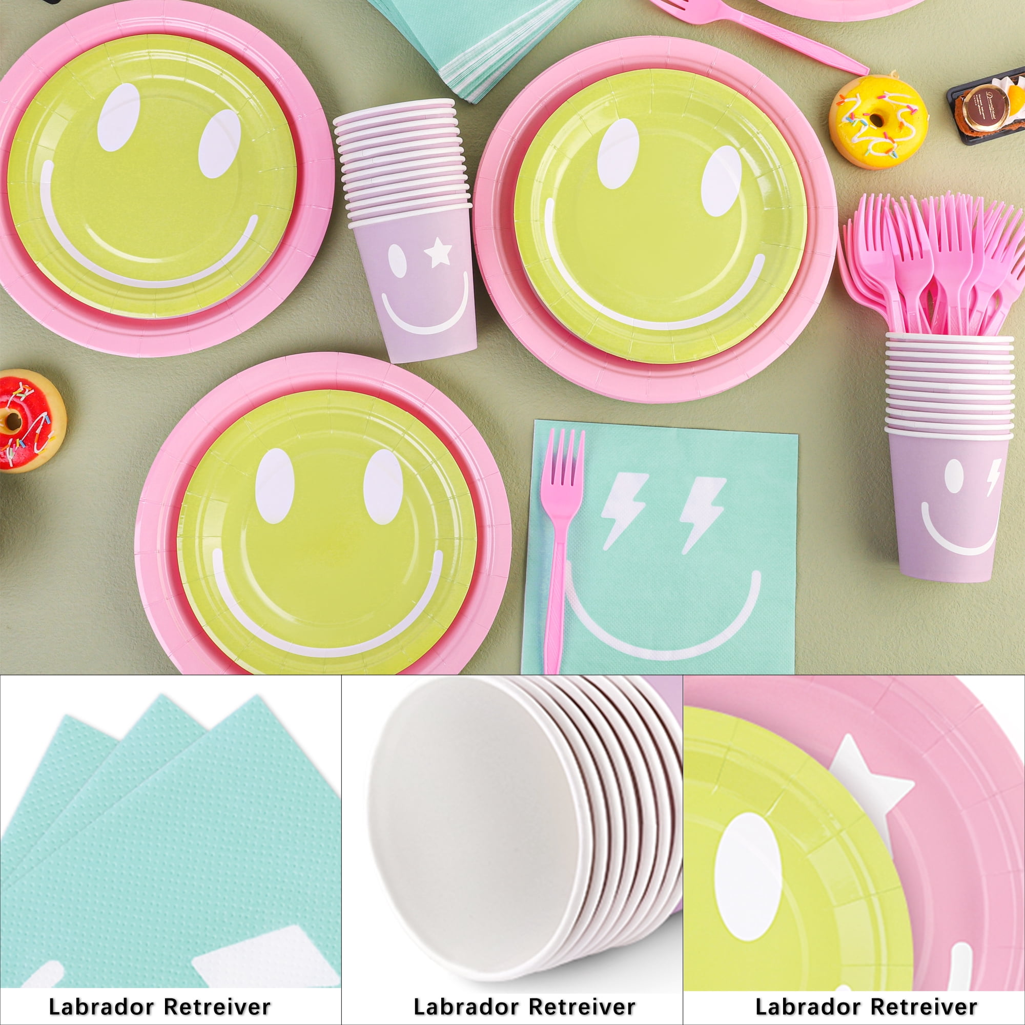 Elcoho 144 Pieces Preppy Smile Face Party Tableware Set Serves 24 Guests Smile Face Paper Plates Napkins Cups and Forks for Preppy Birthday Party Decorations Baby Shower Decor