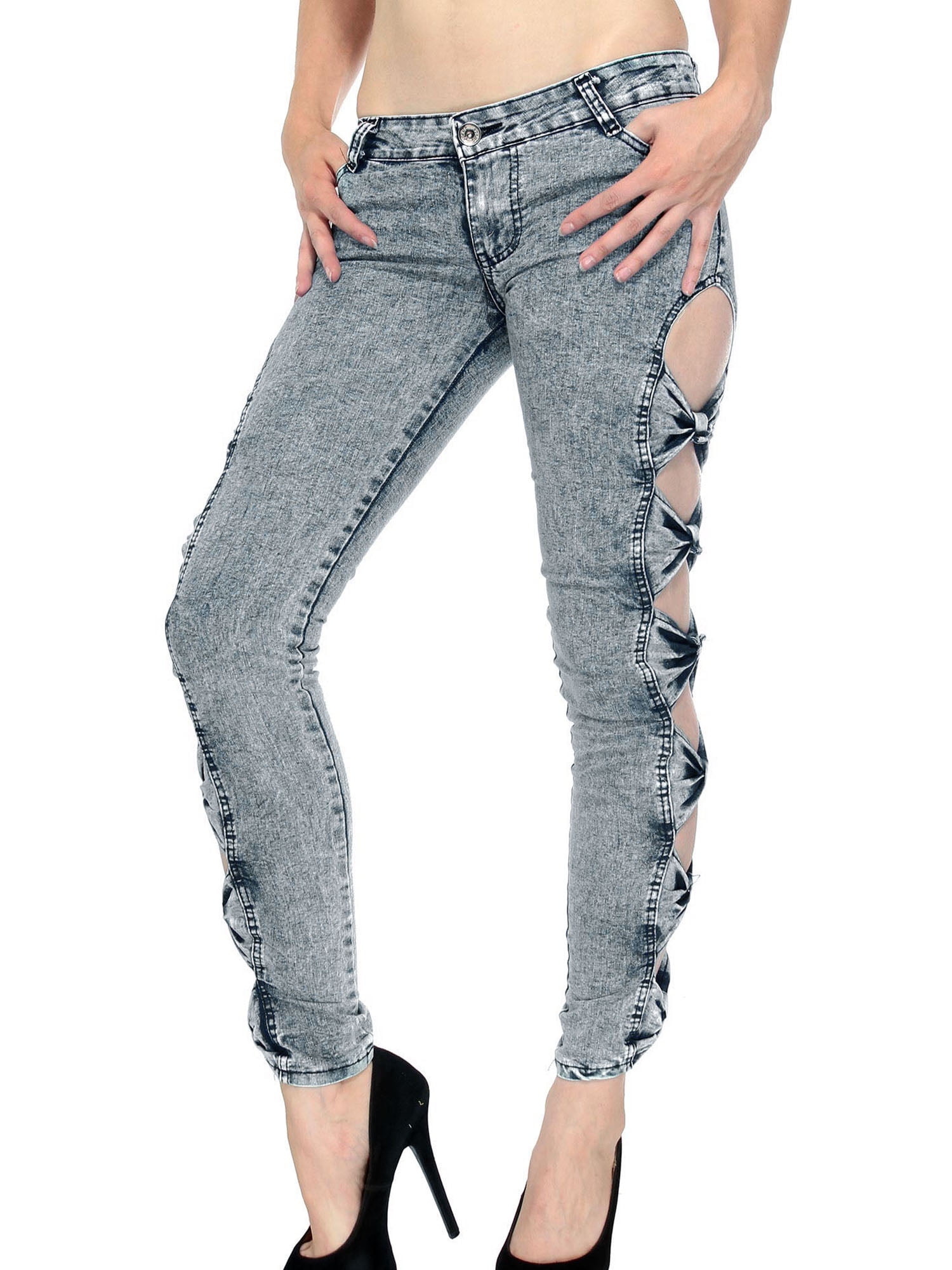 Women Stretch Tight Bow-Knot Ripped Slim Fit Skinny Denim Jeans Pants Trousers
