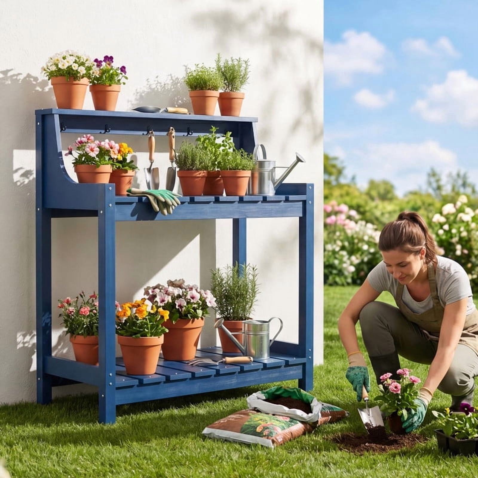 Howcool HDPE Outdoor Potting Bench with Storage & Hooks, 3-Tier Heavy-Duty Garden Workstation Table, All-Weather Potting Table for Patio & Backyard, Blue