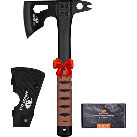 12" Camping Axe and Survival Hatchet with Sheath, Compact Outdoor Multitool Hex Wreh Slots, Non-Slip Dual-Color Handle, Small ar for Hiking, Chopping, Hunting