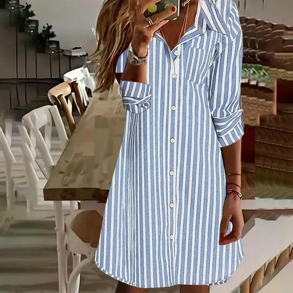 Wowcloth Women's Turn-down Collar Long Sleeve Casual Stripe Shirt Style Knee-high Dress