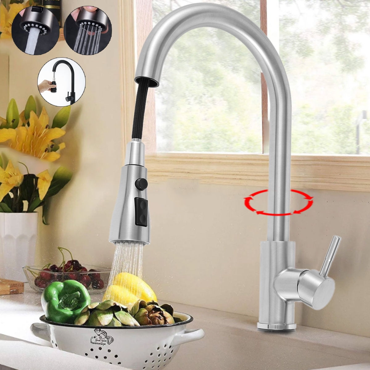 Brushed Nickel Touch Sensor Kitchen Sink Faucet With Pull Out Spray &Cover Plate 