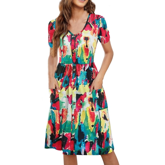 QIPOPIQ Robes pour Femmes avec Poches Manches Courtes Robes Décontractées Aguichant Tendance Robe d'Été Ample à Imprimé Ajustée Boutons Robe à Col en V Offres 2023