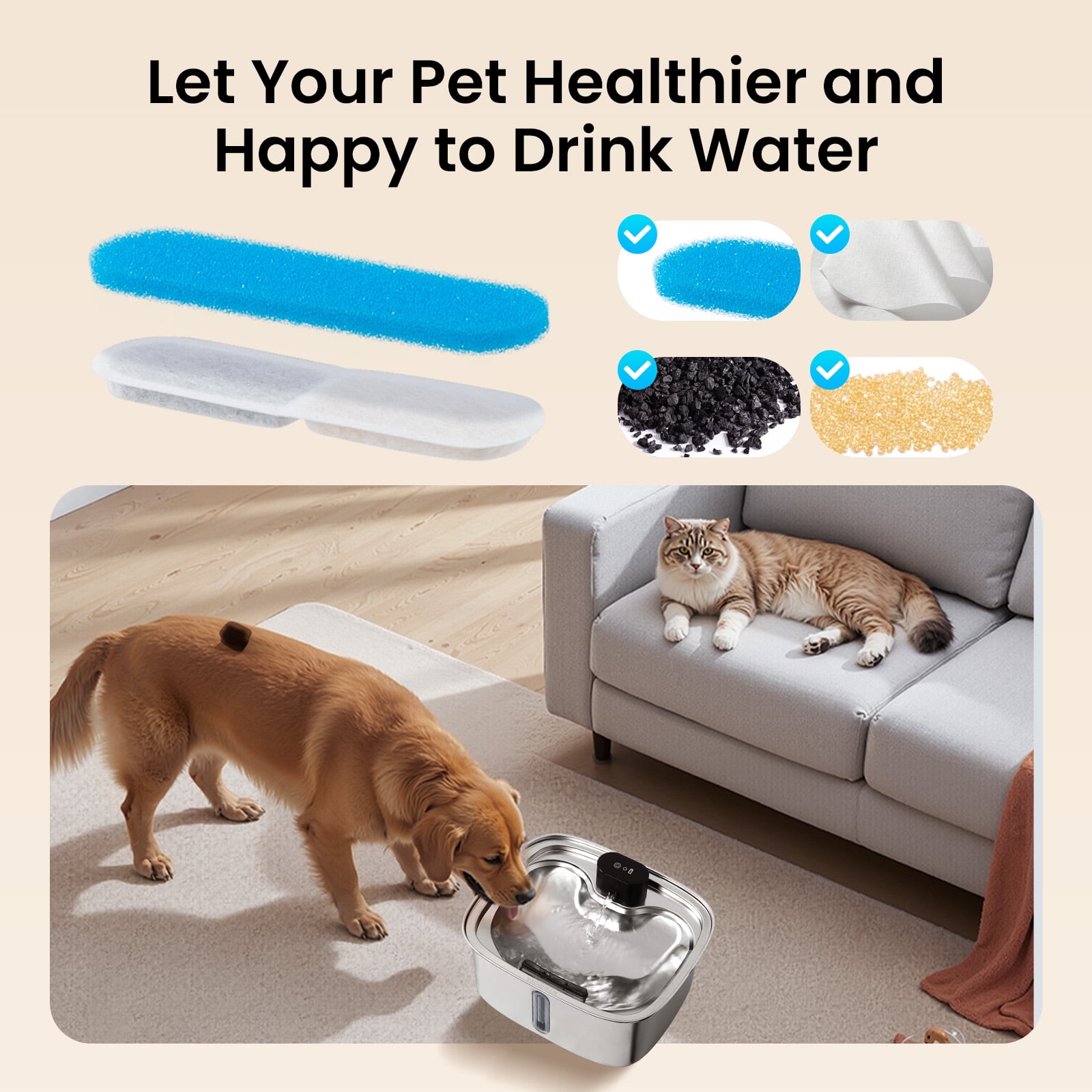 Vacqueen 8 Count Replacement Filters & Sponges for Automatic Dog & Cat Water Fountain