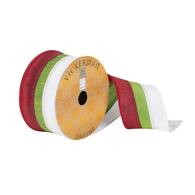 Vickerman Q180782 2.5 in. x 10 Yards Red, Green & White Striped Ribbon
