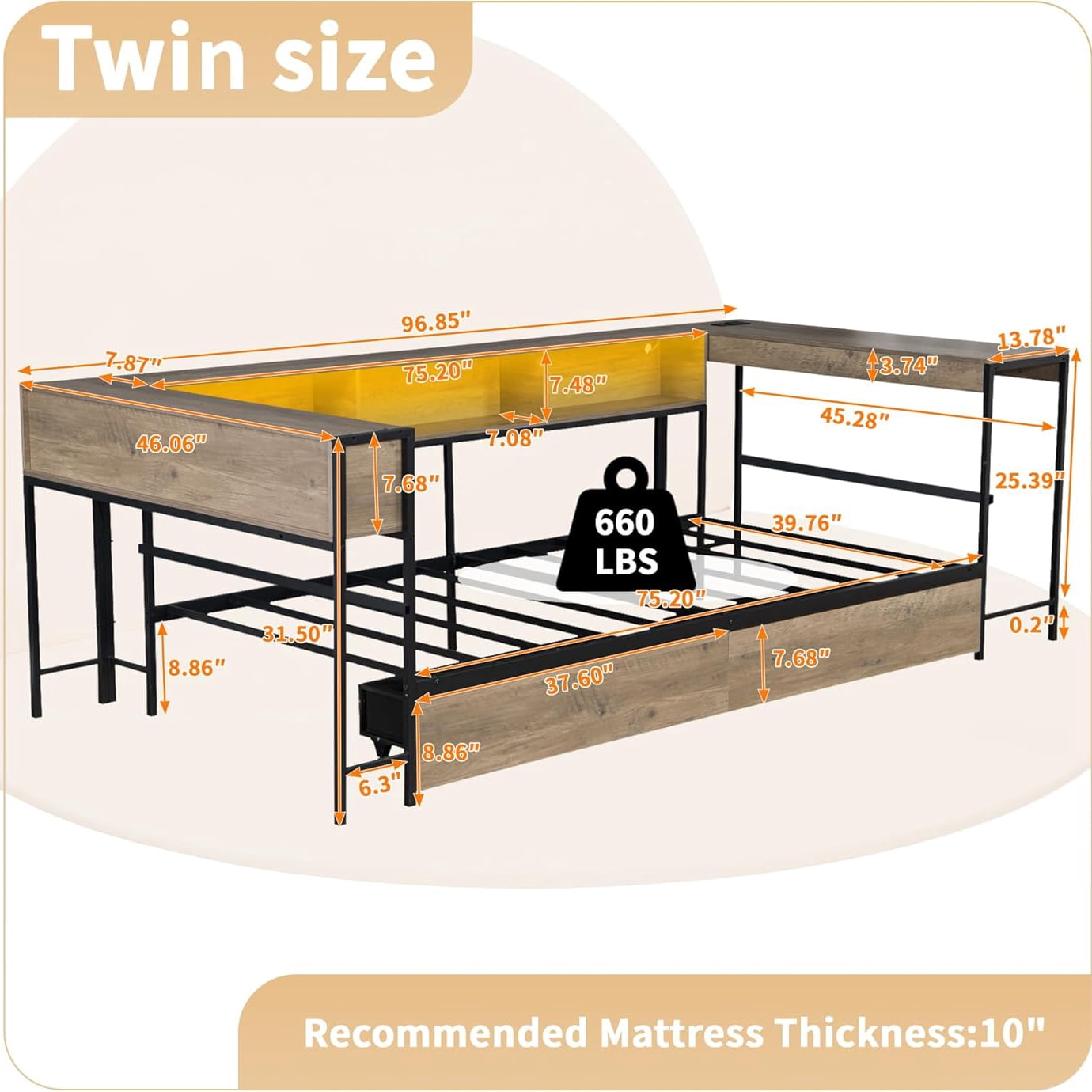 Miniyam Twin Size Daybed with Desk, LED Lights, Charging Station and 2 Storage Drawers, Gray