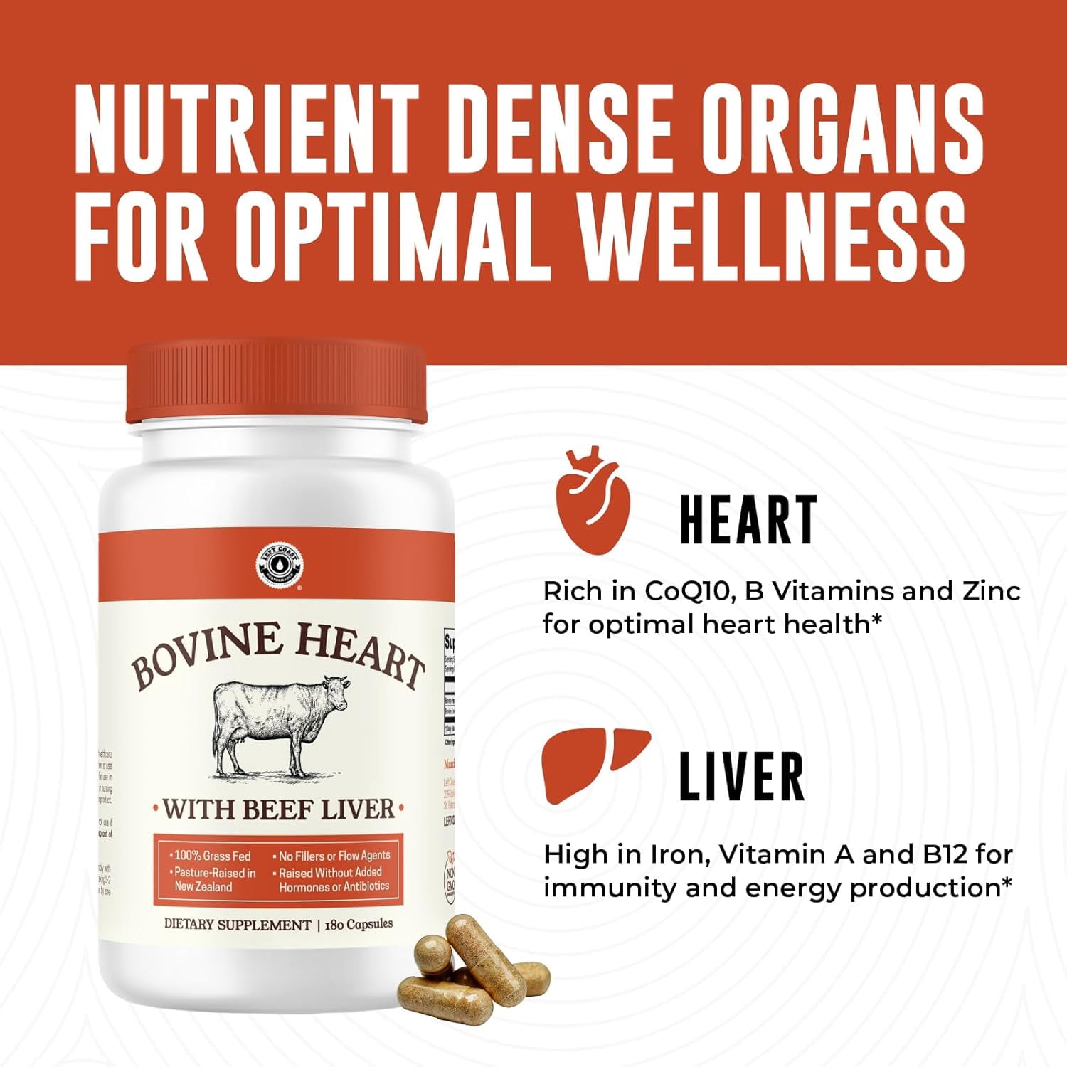 Left Coast Performance Grass Fed Beef Heart & Liver Supplements with Co10 & Iron, 180 Capsules
