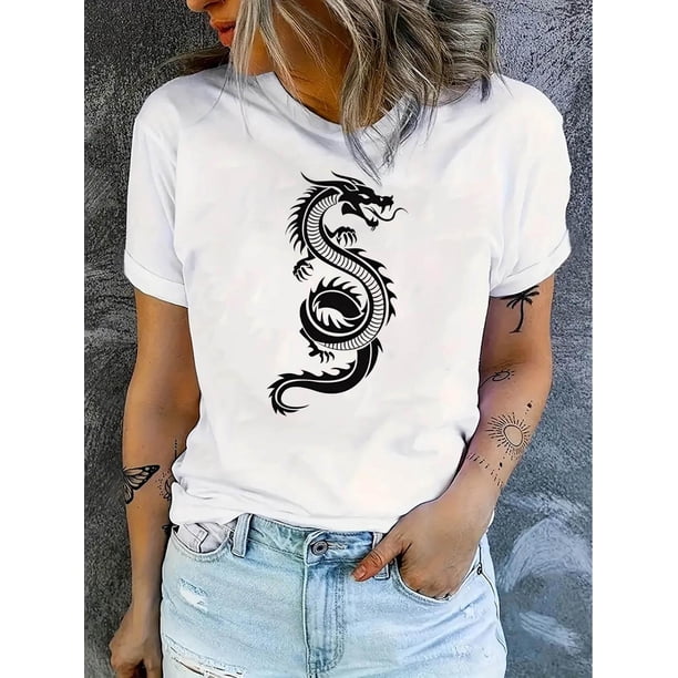 Camiseta De Verano Mujer1pc Women'S Fashion Dragon Print T-Shirt, Casual Crew Neck Short Sleeve Top, Polyester 95% Spandex 5% Knit Fabric, Animal Pattern, Medium Stretch, All-Season Comfort FitFathe