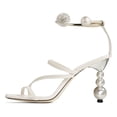 thumbnail image 2 of FSJ Women Chic Square Open Toe Strappy Sandals Pearl Bead High Heel Metal Ring Rhinestone Ankle Strap Pumps Wedding Dressy Shoes Size 4 White, 2 of 4