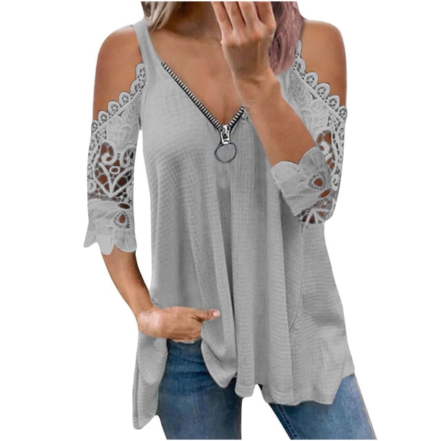 Blusas Para Mujer Elegantes, Informales, de Talla Grande, Blusas, Camisas Con Hombros Descubiertos, Encaje, Media Mangav, Cuello Con Cremallera, Camiseta Hueca, Blusa Odeerbi ODB154514