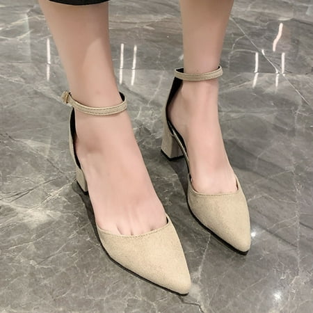 

〖Yilirongyumm〗 Beige 37 Sandals Women Fashion Spring And Summer Women Sandals Thick Heels High Heeled Buckles Metal Pointed Toe Casual Style