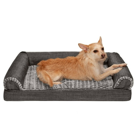 UPC: 0842229126266 | FurHaven Pet Products Luxe Fur & Performance Linen Orthopedic Sofa-Style Pet Bed for Dogs & Cats – Charcoal Medium