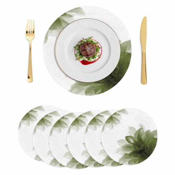 Sage Green Round 15 Inch Placemats Set of 6, Boho Modern Floral Abstract Ombre Leaf White HeatResistant Non Slip Place Mats for Dining Table, Wipeable Braided Kitchen Table Mats for Housewarming