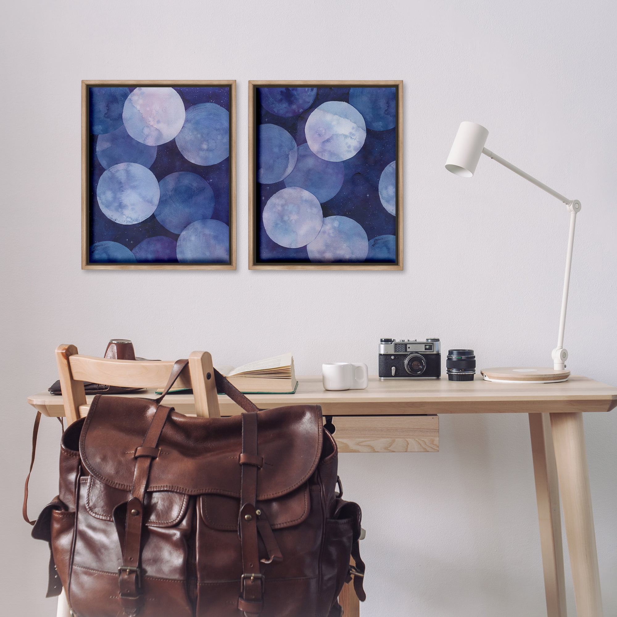 Stupell Industries Abstract Blue Purple Circle Bubbles Abstract Painting Brown Floater Framed Canvas Art Print Wall Art, 17 x 21, Set of 2
