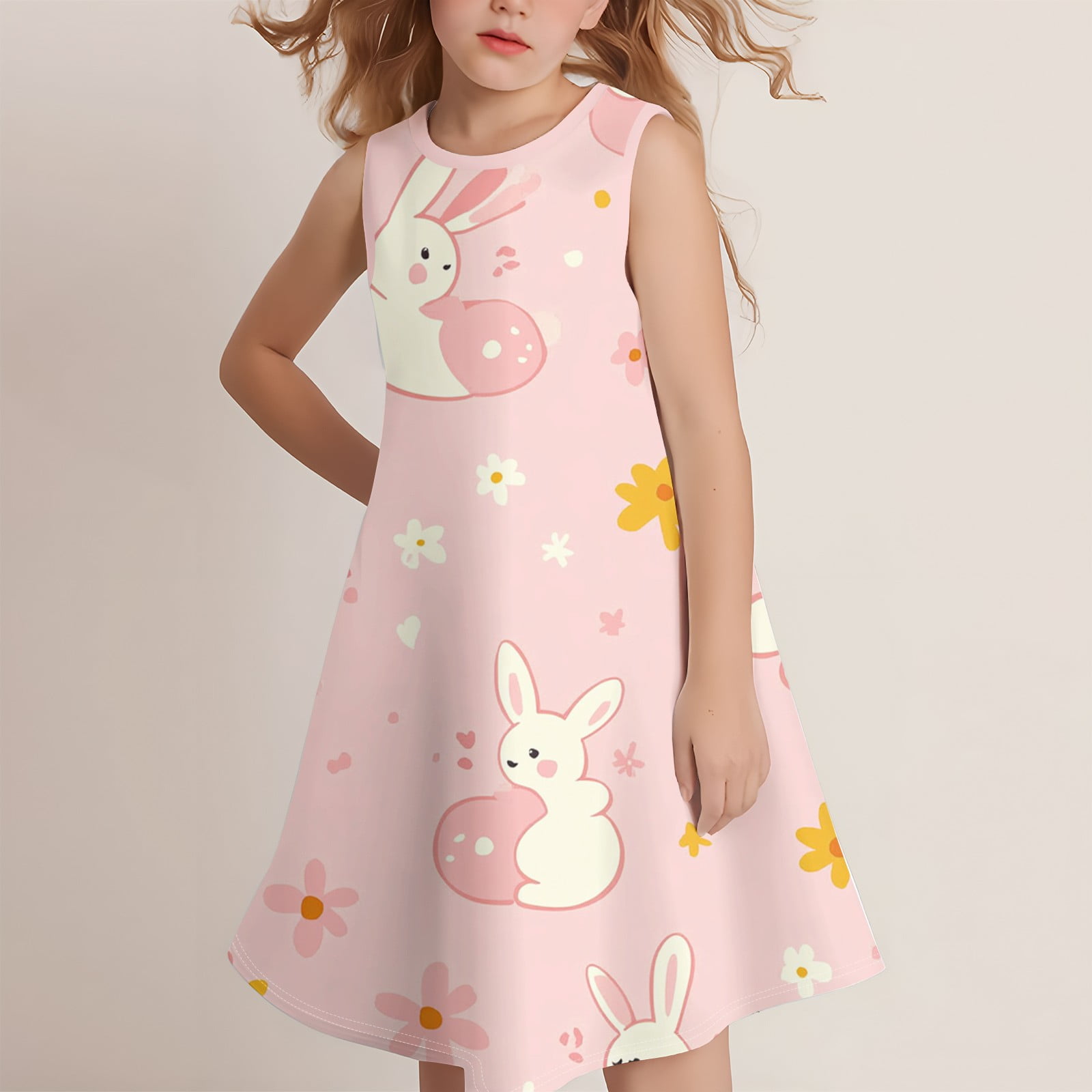 HAJWOH Girls Easter Dresses Bunny Egg Print Sleeveless Spring Dress Cute Crew Neck Sundress Casual Comfort Princess Dress Light pink 9-10 Years