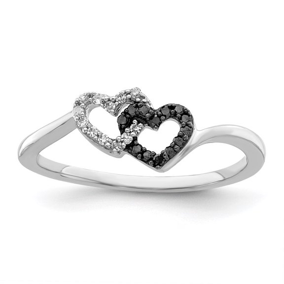 Auriga Fine Jewelry 925 Sterling Silver Black and White Diamond Double Heart Ring Size 7 for Women