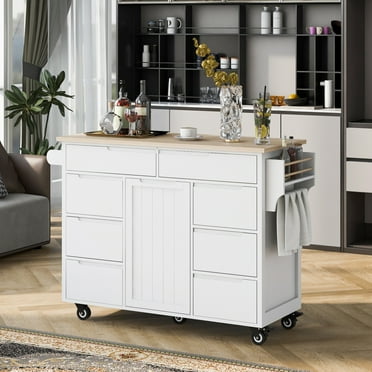 Compact 53" Kitchen Cart with Versatile Storage & Rubber Wood Countertop, Mobile Kitchen Island with 8 Handle-Free Drawers & 5 Rolling Wheels, White ﻿