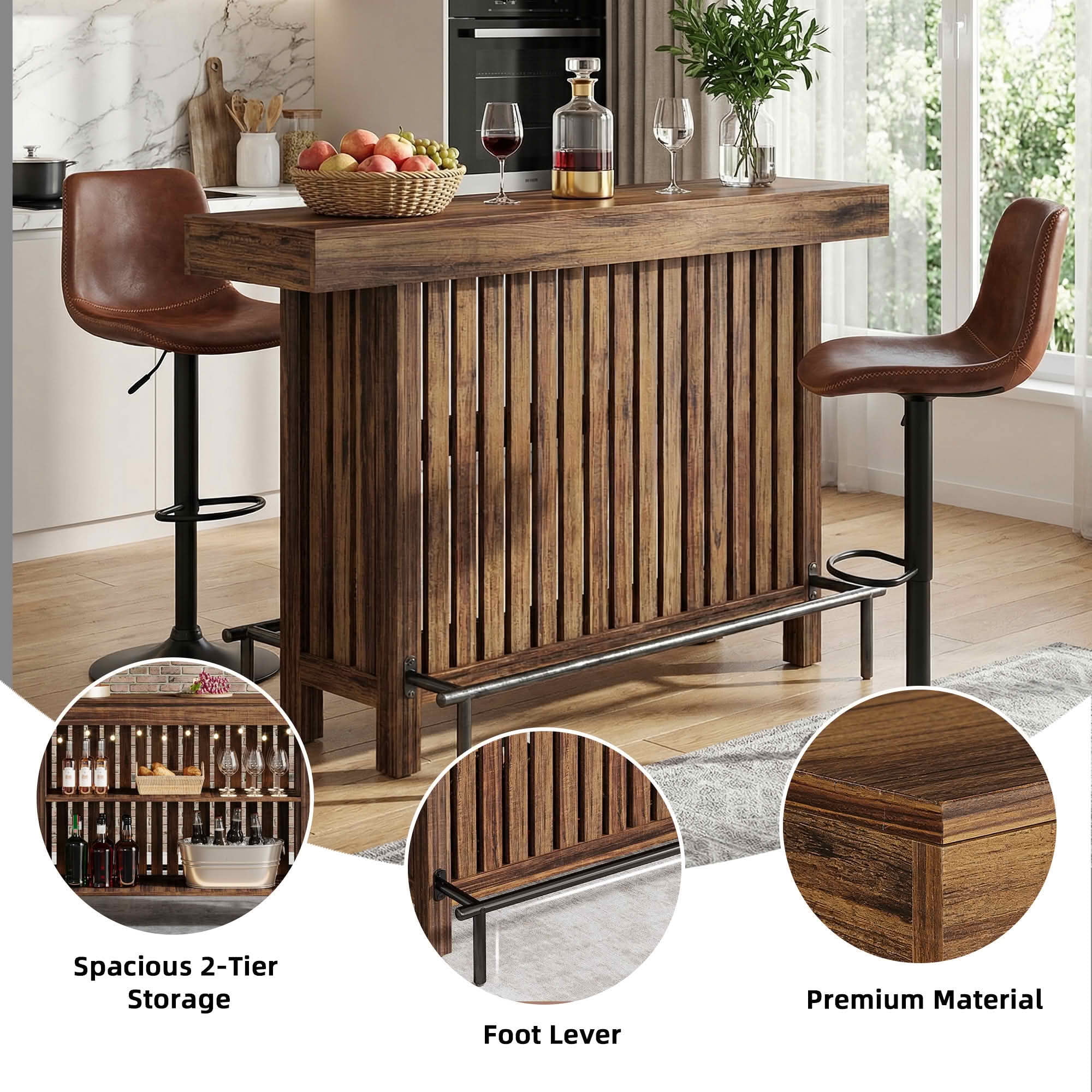 MAYEERTY 2-Tier Modern Home Bar Table, Brown & Matte Gray Cement Texture Storage Bar Unit with Guardrails & Adjustable Foot Pads