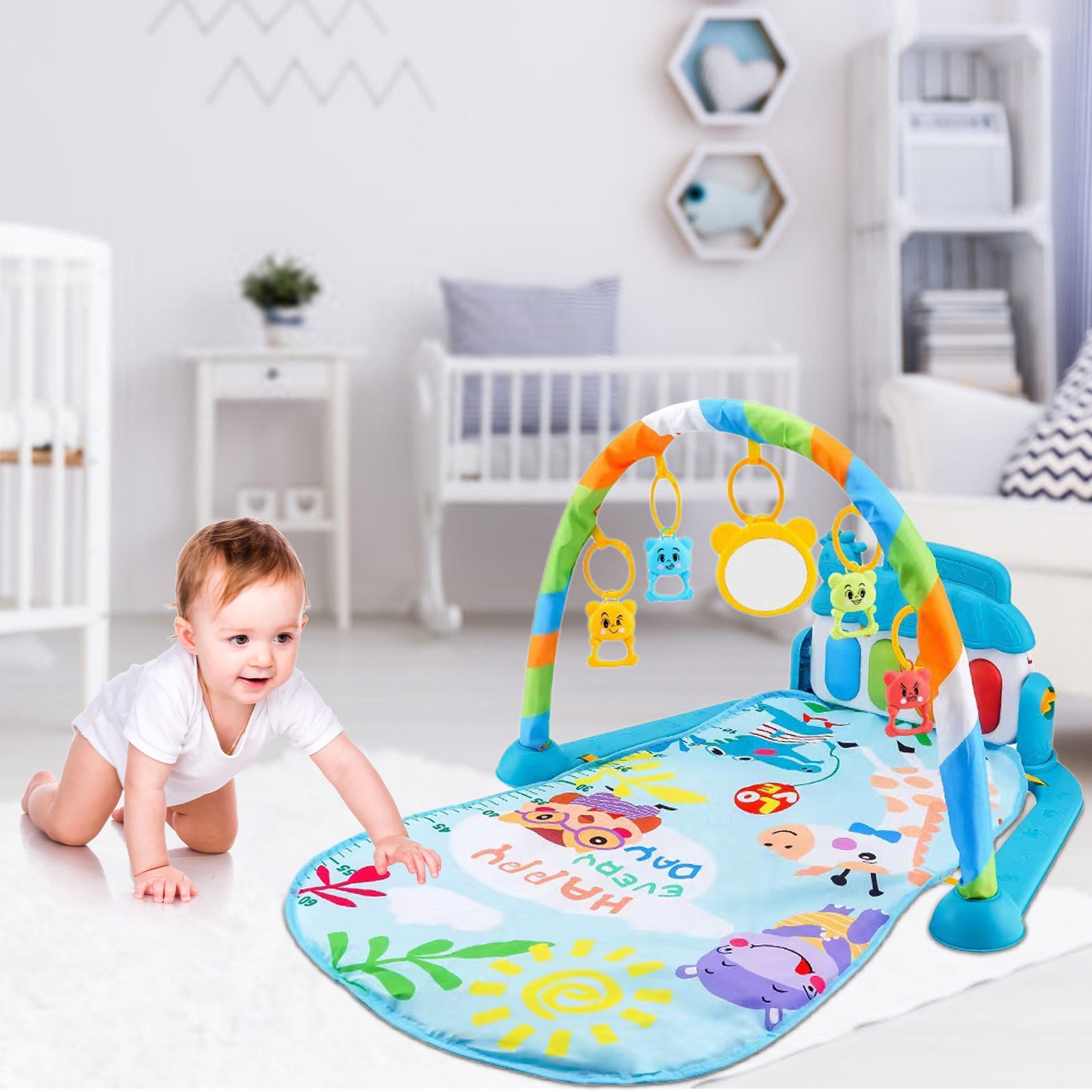 4-in-1 Baby Piano Play Mat with 5 Linkable Toys, Soft & Washable Activity Gym for Tummy Time, Removable Musical Mat for Infants 0-36 Months